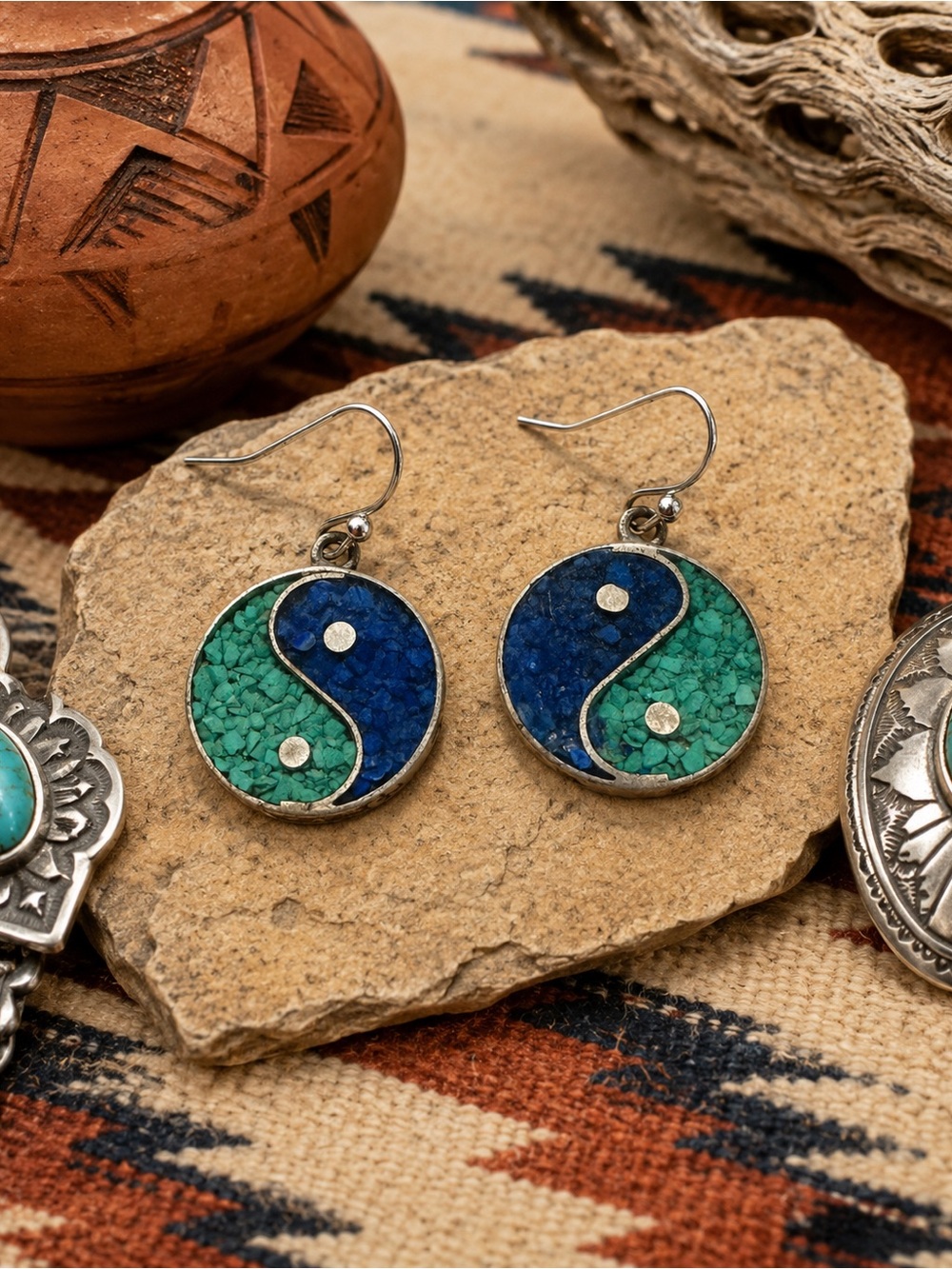 Vintage Mexico yin-yang earrings with inlaid crushed turquoise and lapis stones